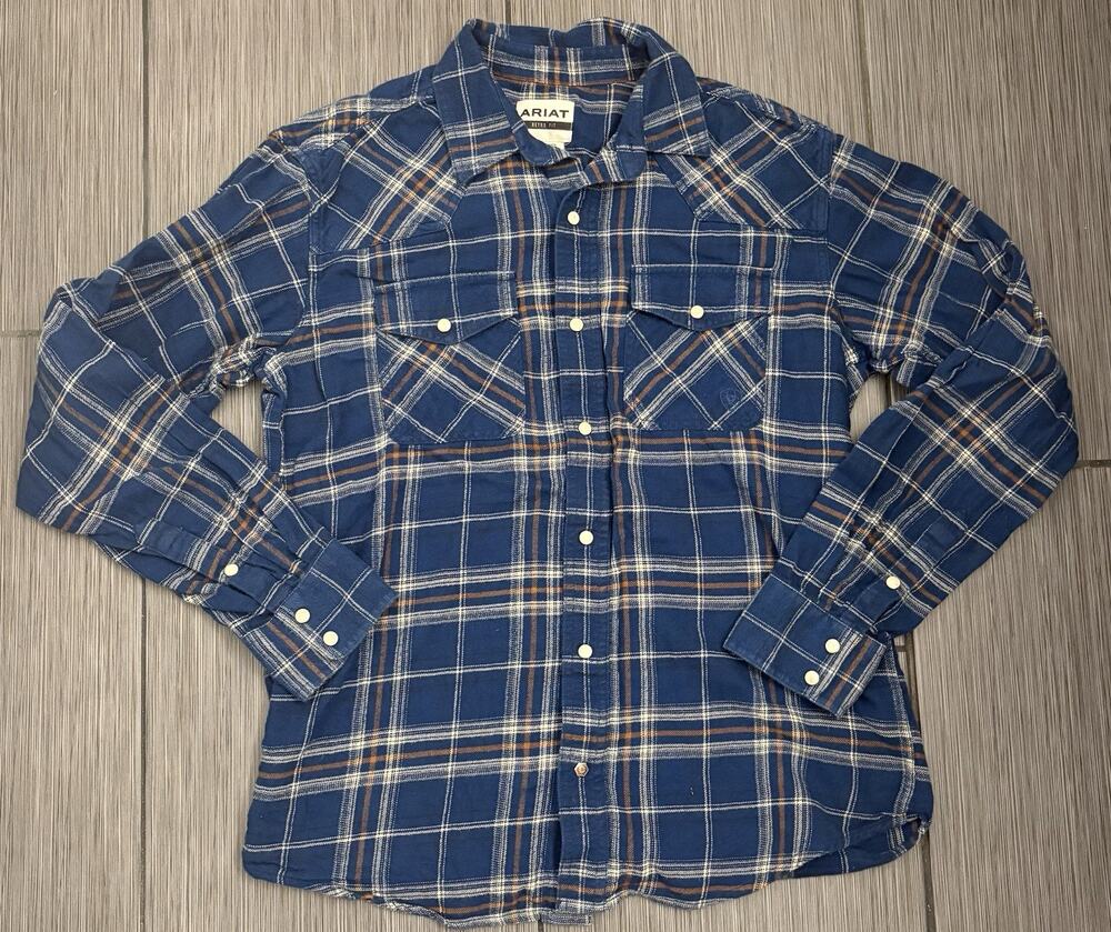 Ariat Men's Holcombe Retro Fit Snap Flannel Shirt Size Medium Estate Blue